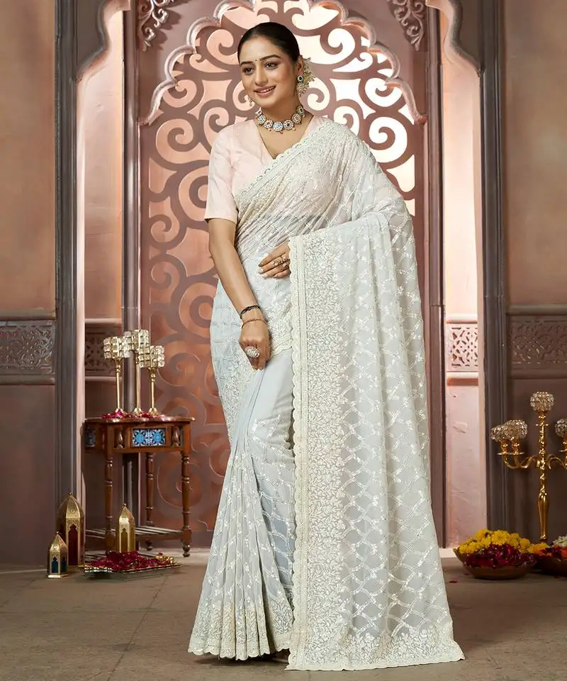 Grey sequin embroidered georgette saree