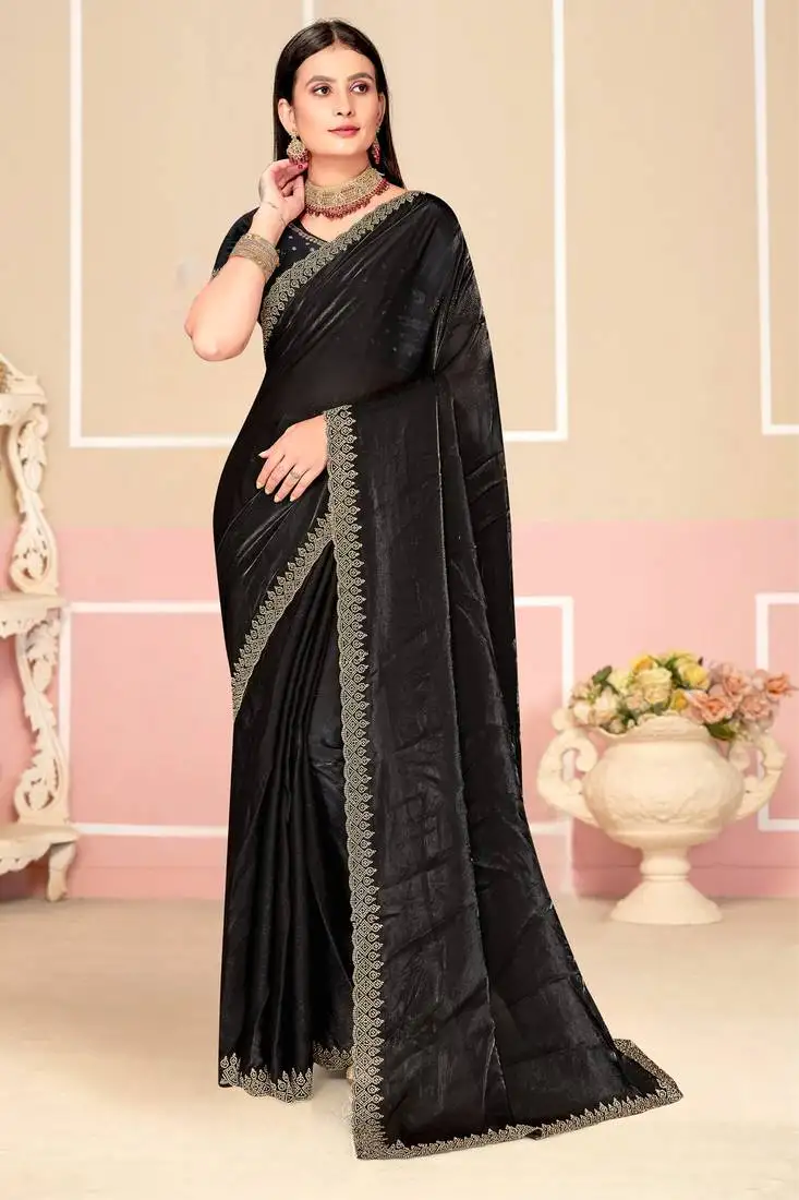 Black zari embroidered satin silk saree