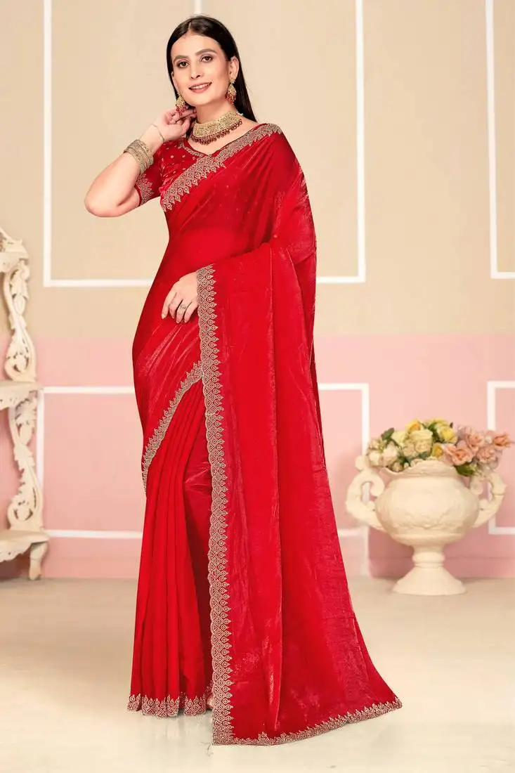 Red zari embroidered satin silk saree