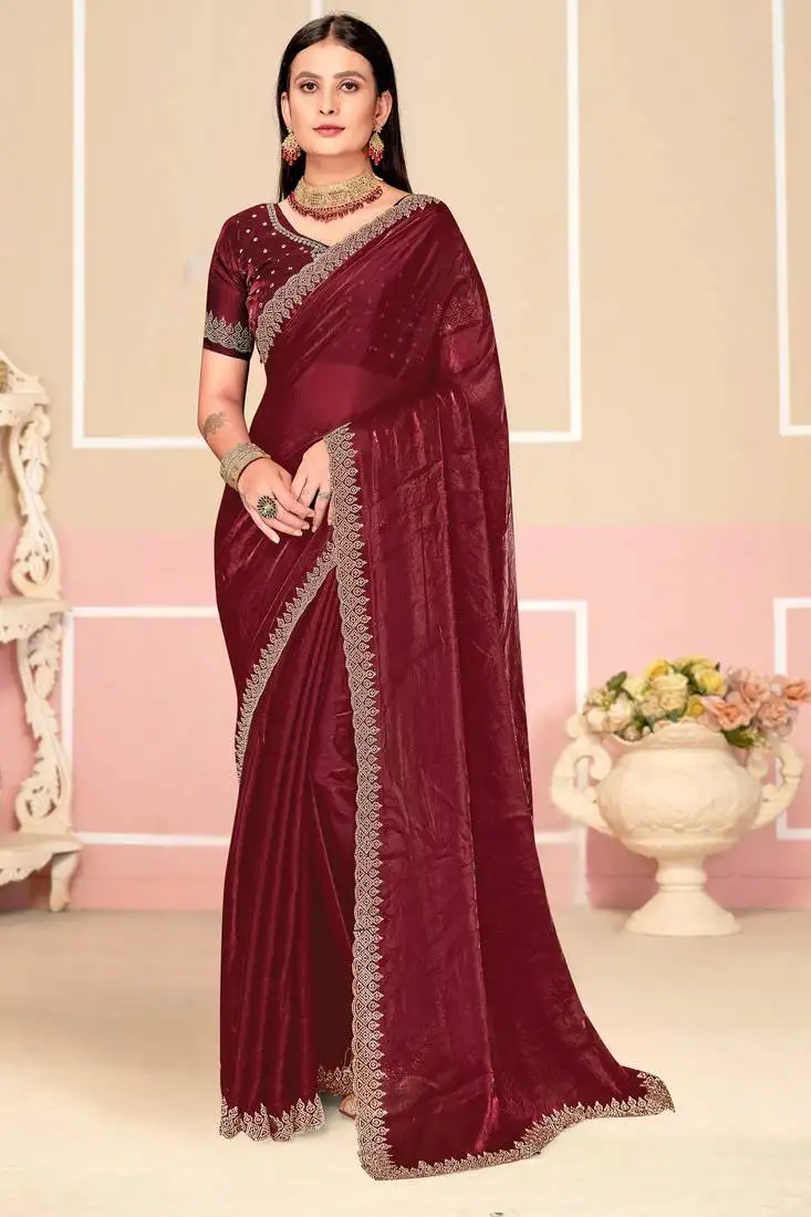 Wine zari embroidered satin silk saree