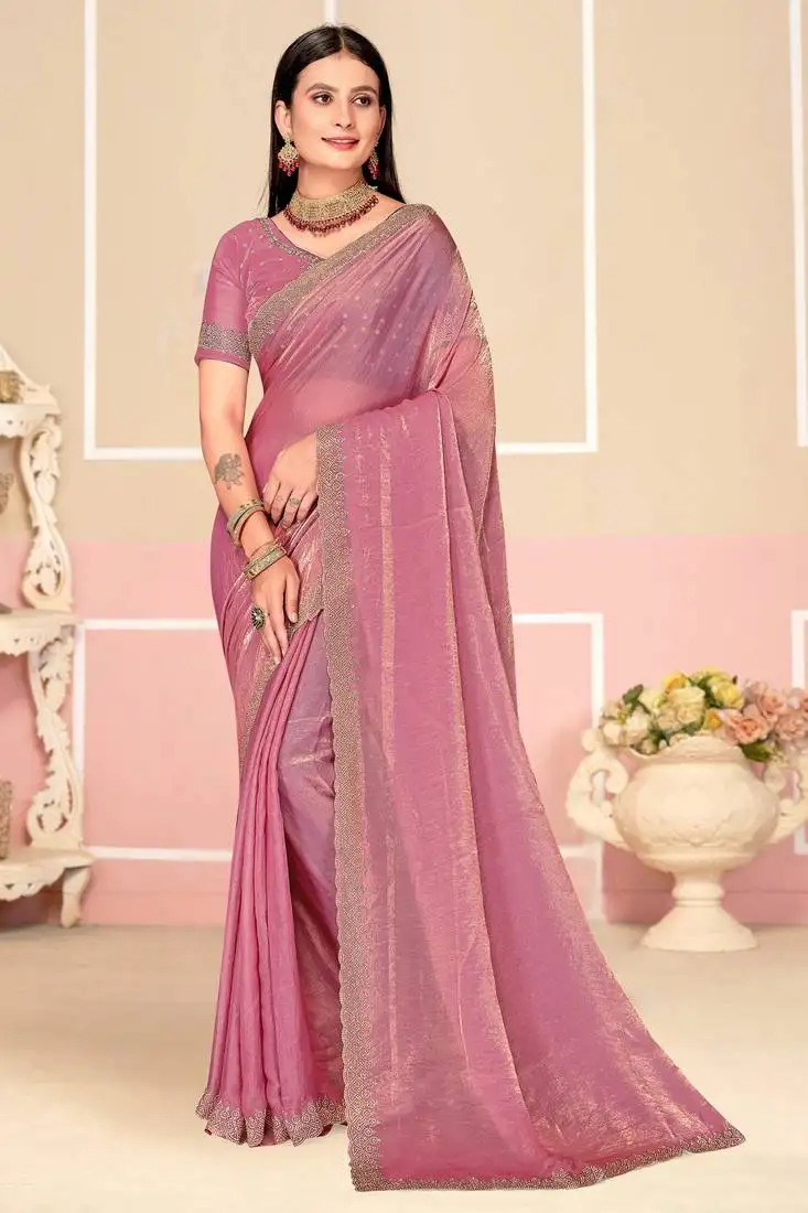 Pink zari embroidered satin silk saree