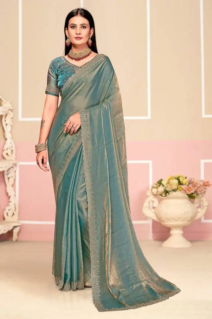 Turquoise zari embroidered satin silk saree