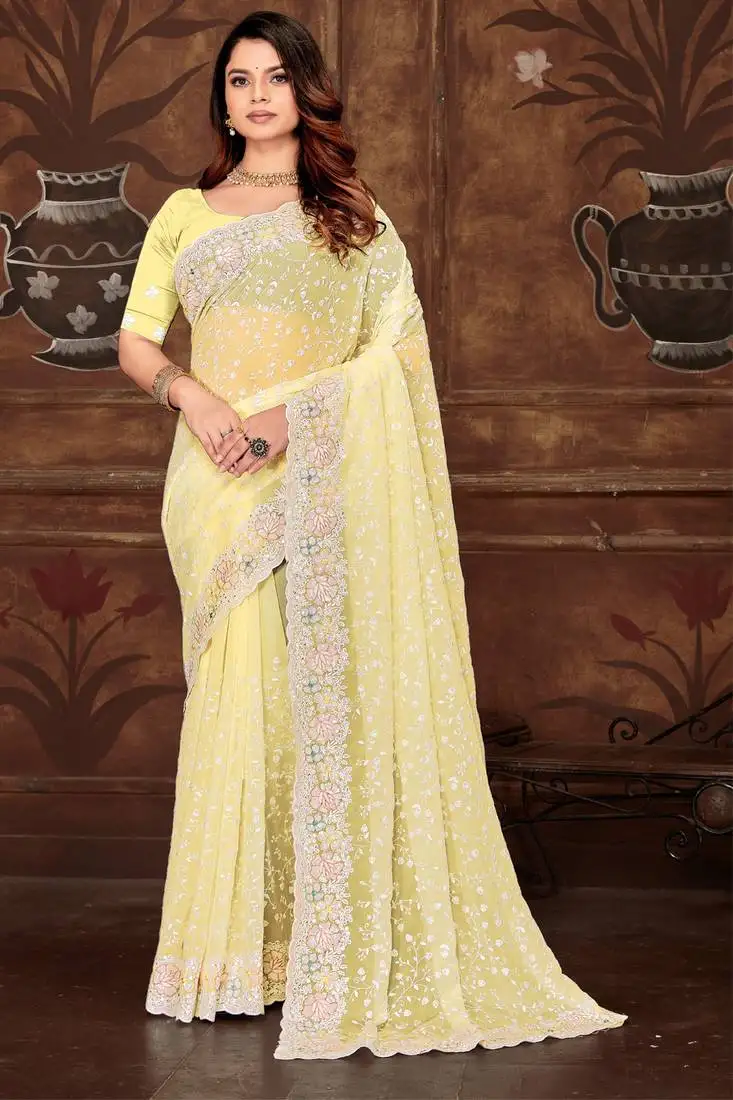 Yellow sequin resham embroidered georgette saree