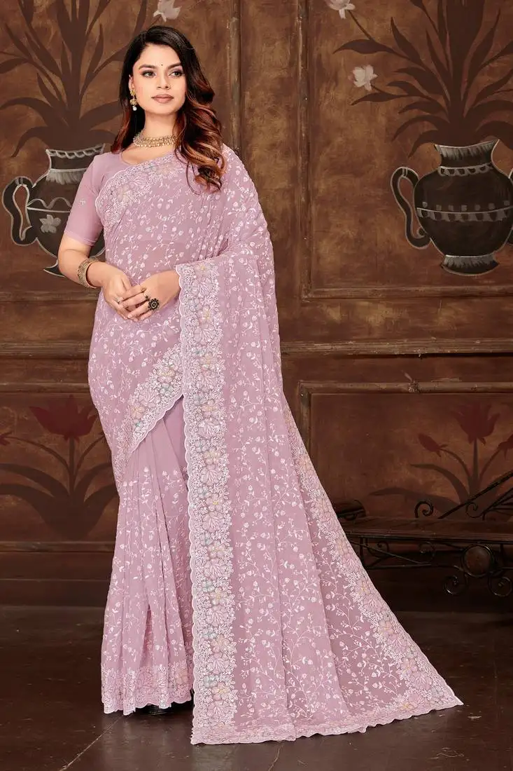 Lavender sequin resham embroidered georgette saree