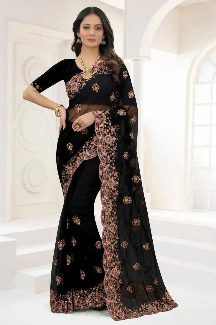 Black zari embroidered net saree with matching blouse