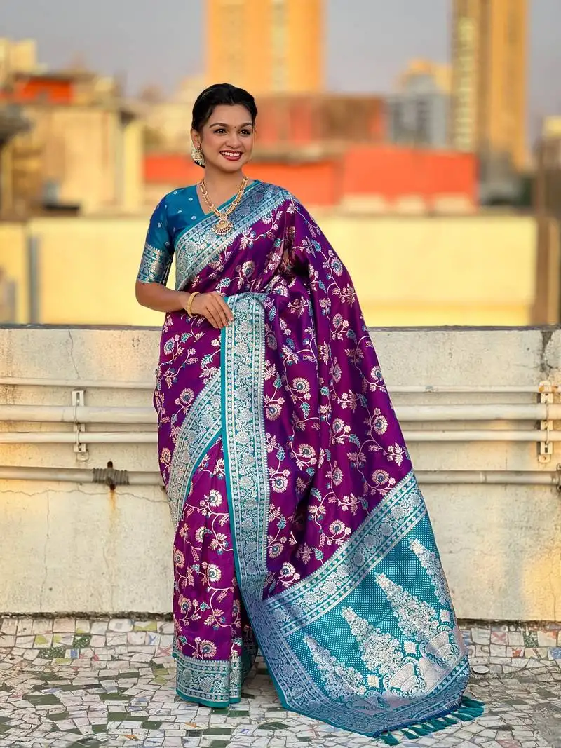 Voilet banarasi silk blend weaving meenakari designer saree