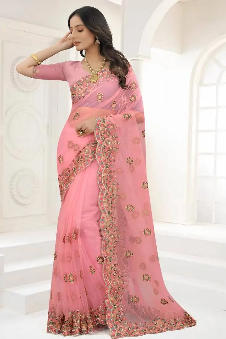 Pink zari embroidered net saree with matching blouse