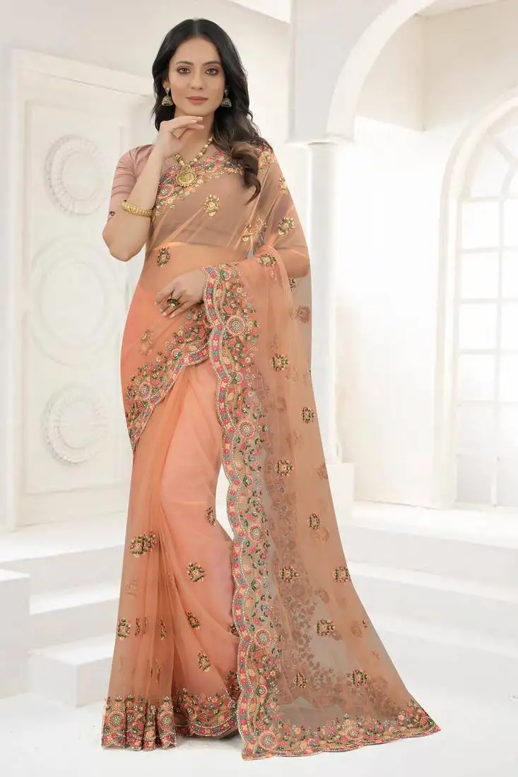 Peach zari embroidered net saree with matching blouse
