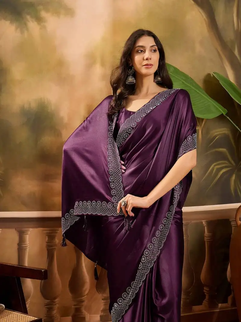 Women's wine chiffon beads & stone saree with unstitched blouse piece