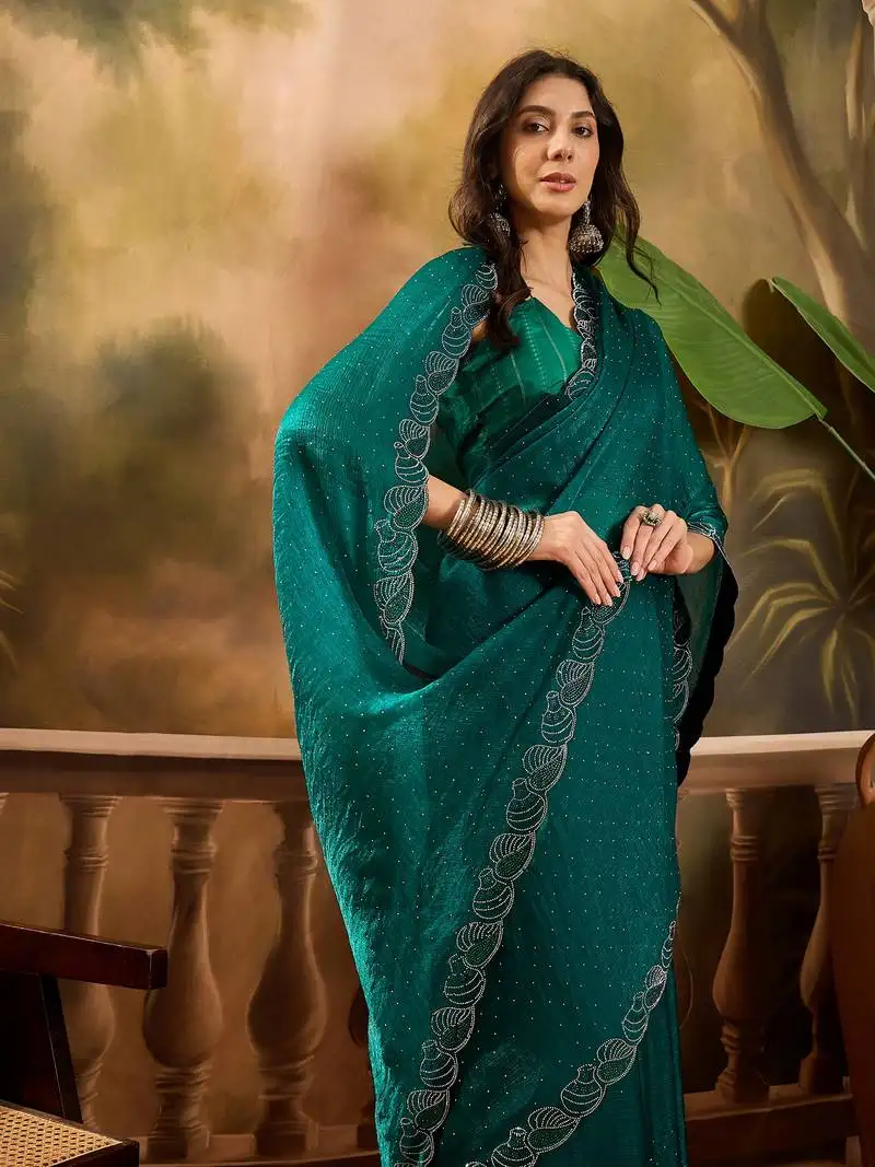 Women's rama silk blend beads & stone saree with unstitched blouse piece