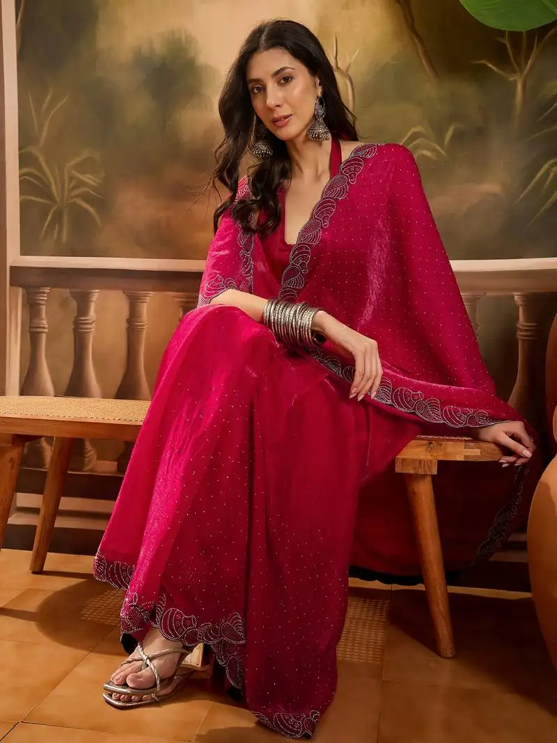 Women's rani silk blend beads & stone saree with unstitched blouse piece