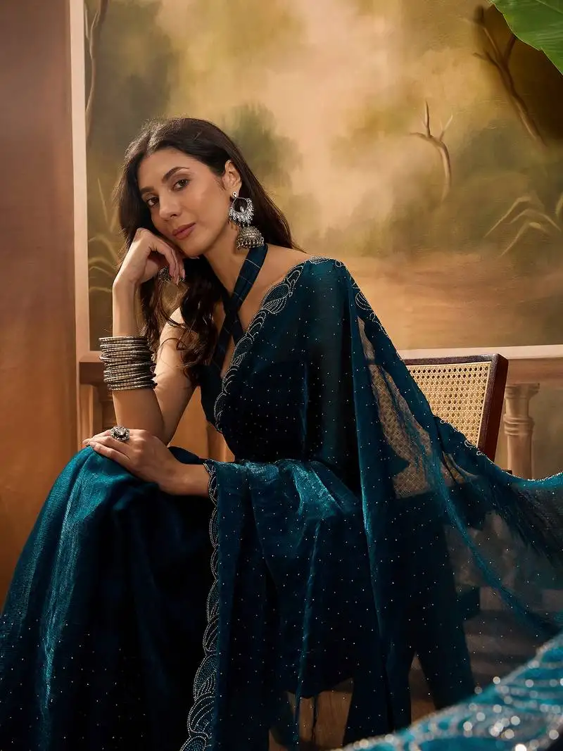 Women's teal silk blend beads & stone saree with unstitched blouse piece