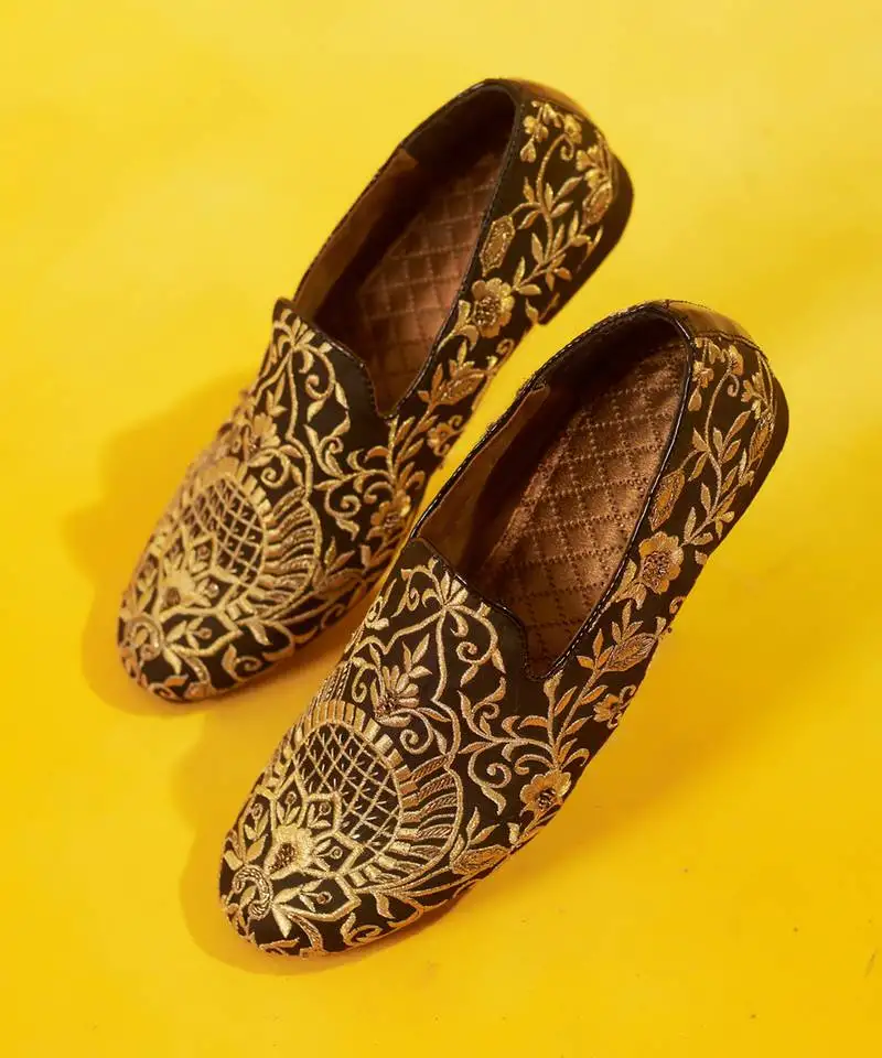 Black embroidered silk loafers