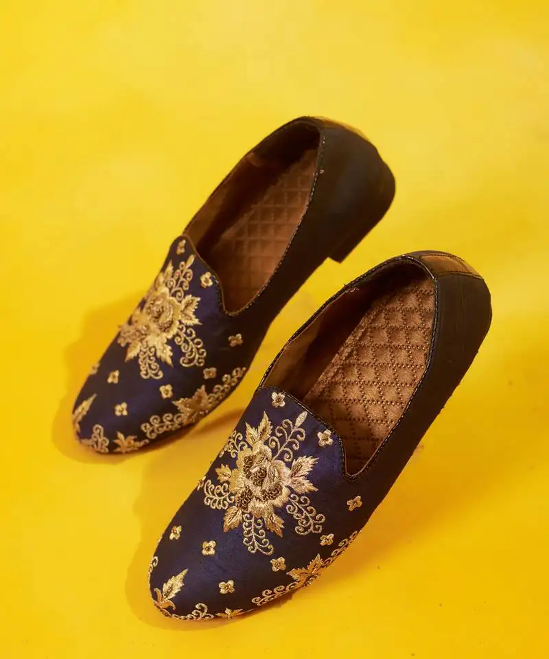 Blue embroidered silk loafers