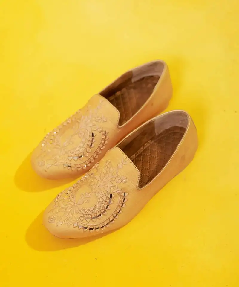 Brown mirror embroidered silk loafer