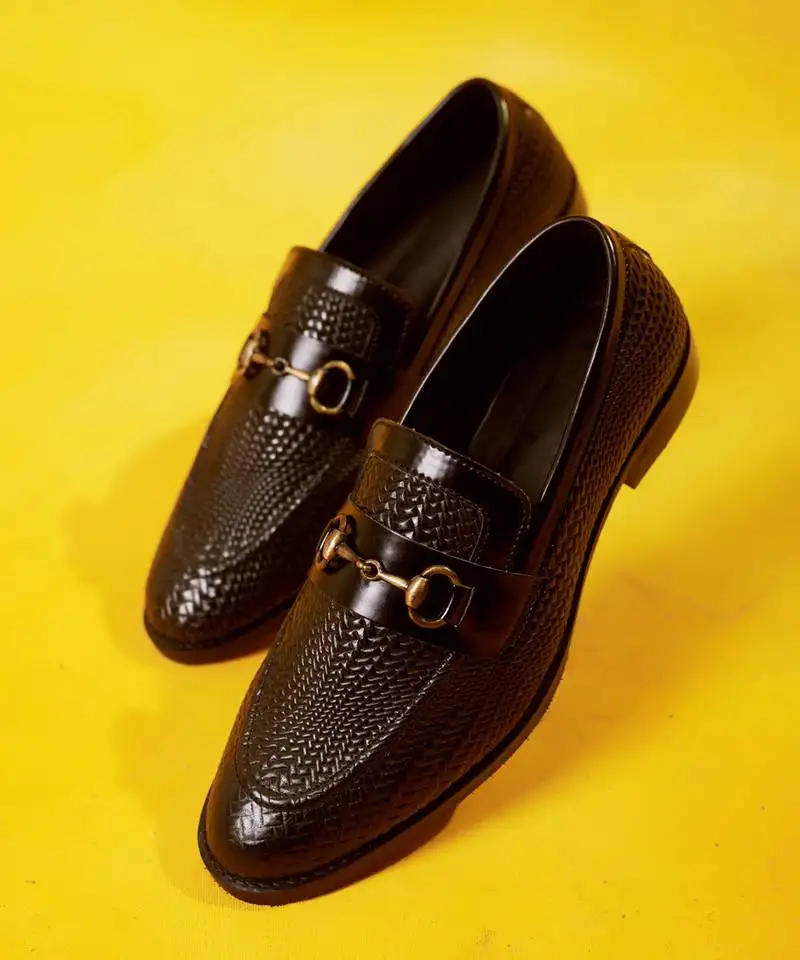 Black solid leather loafers