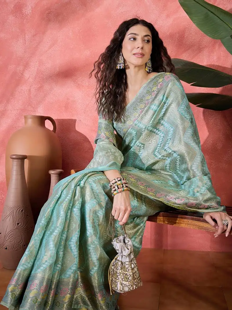 Women's sky blue silk rangkat bandhani work saree with unstitched blouse piece