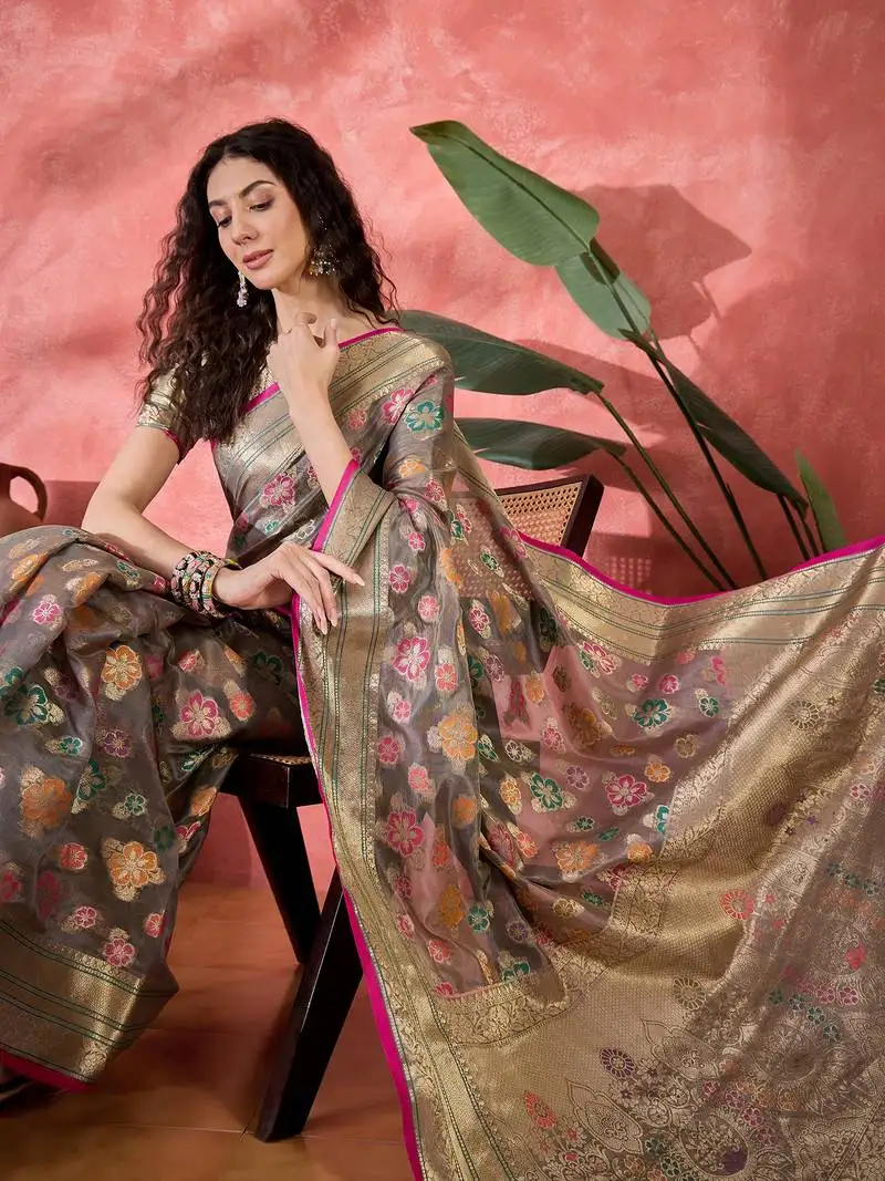 Women's grey organza rangkat work saree with unstitched blouse piece