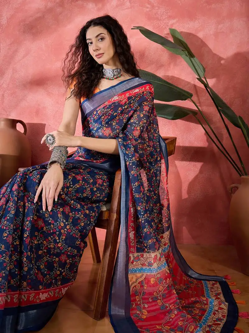 Women's navy blue linen printed work saree with unstitched blouse piece