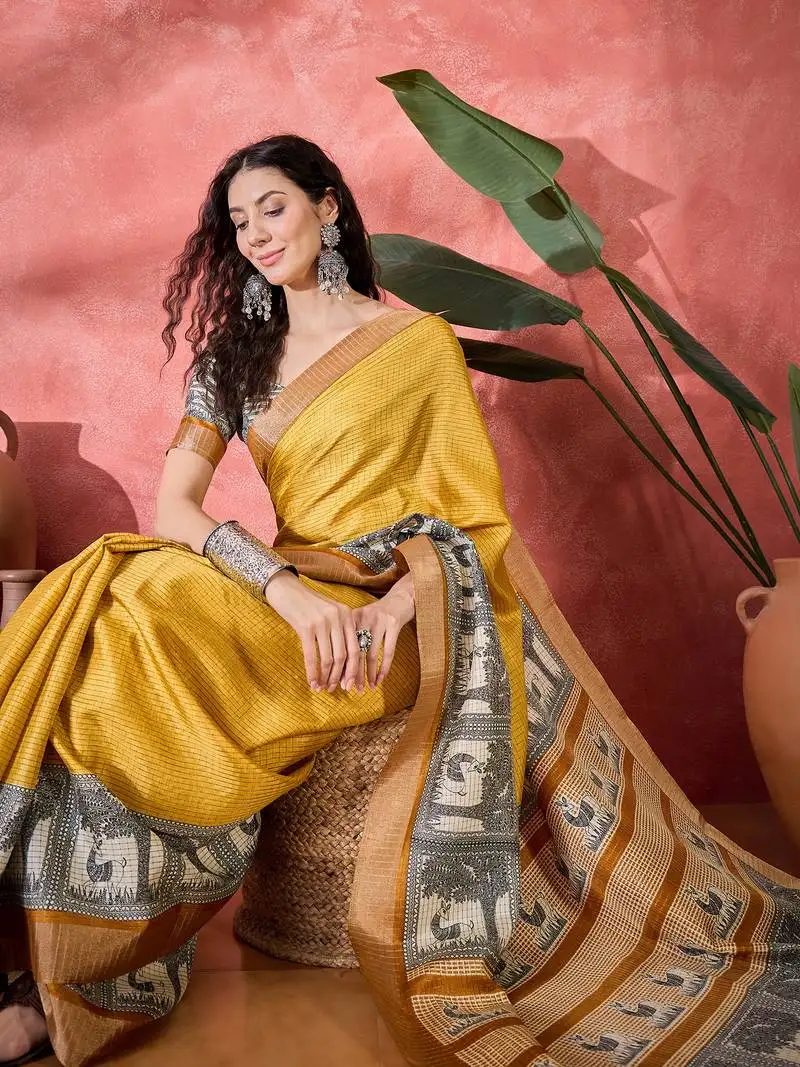 Women's mustard silk blend printed work saree with unstitched blouse piece