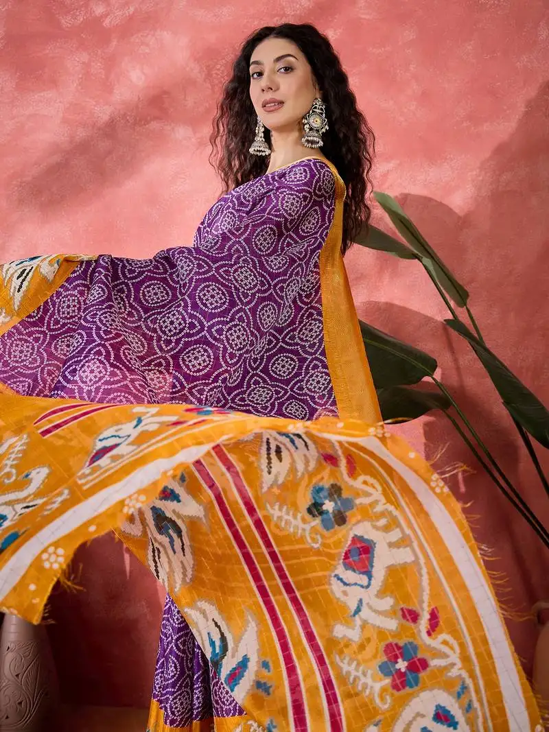 Women's purple silk blend bandhani work saree with unstitched blouse piece