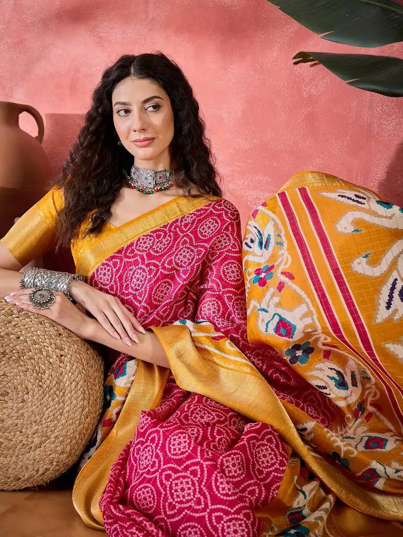 Women's rani silk blend bandhani work saree with unstitched blouse piece