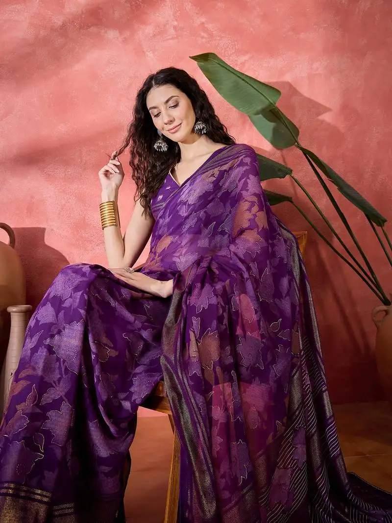 Women's purple chiffon foil print work saree with unstitched blouse piece