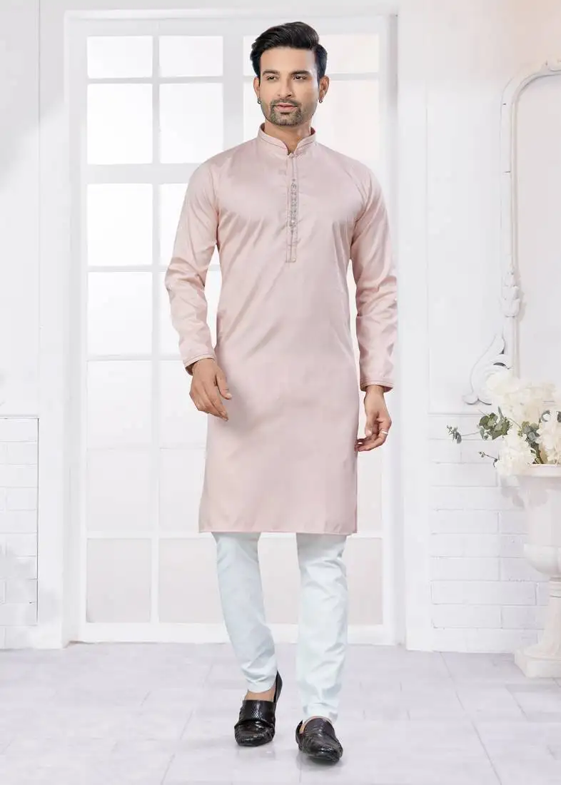 Pink heavy cotton with embroidery work kurta pyjama for mens wear