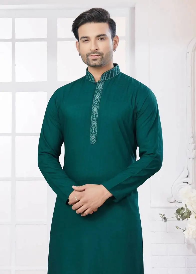 Dark green heavy cotton with embroidery work kurta pyjama for mens wear