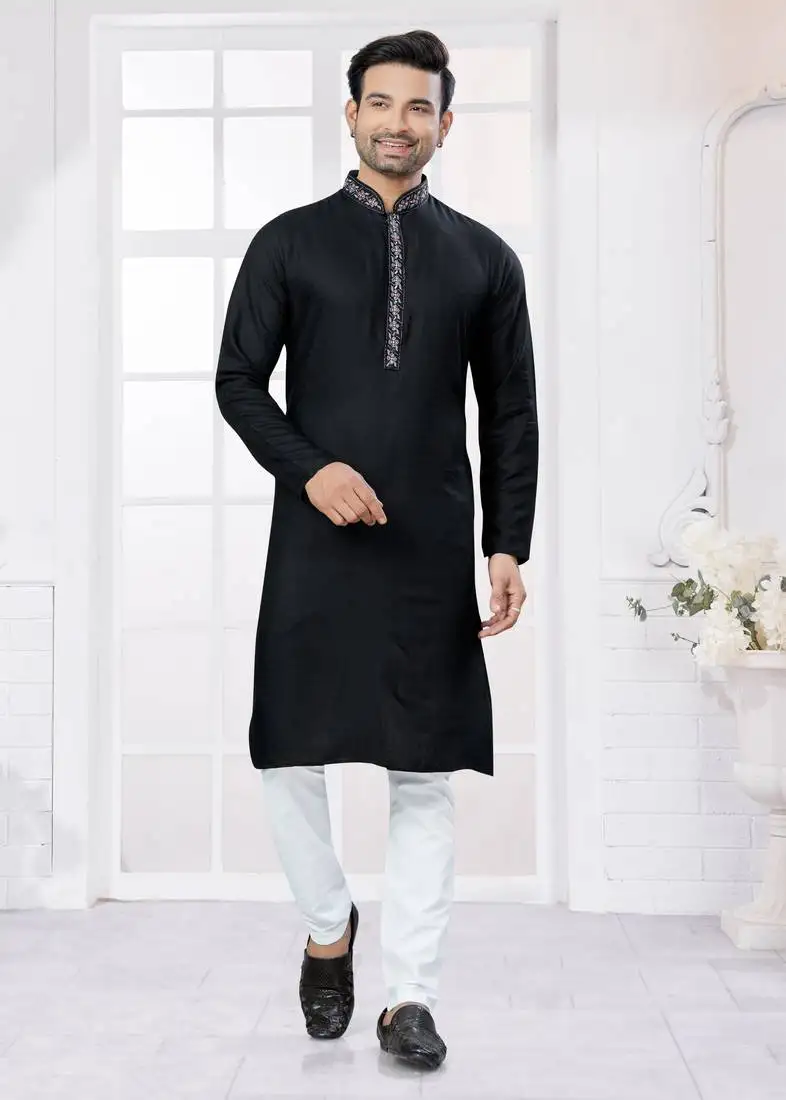 Black heavy cotton with embroidery work kurta pyjama for mens wear