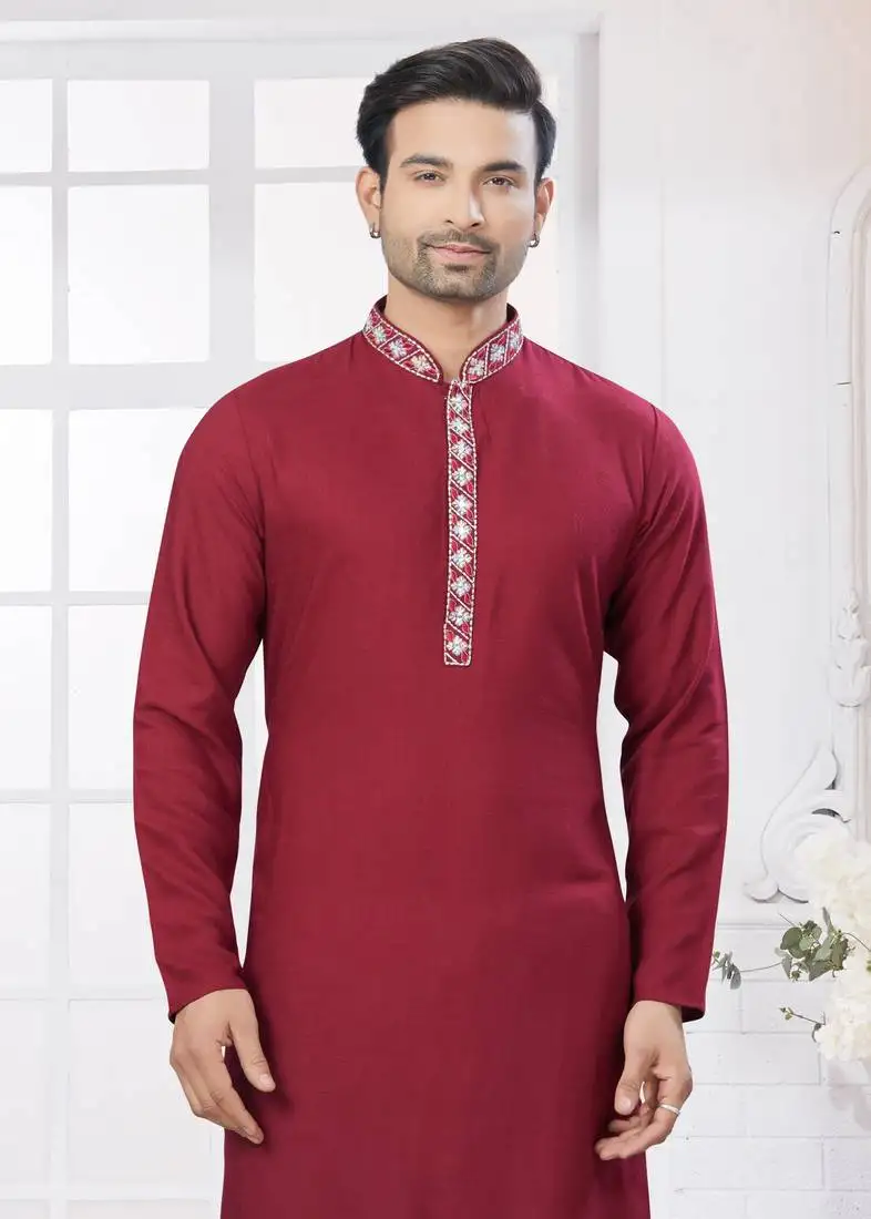 Red heavy cotton with embroidery work kurta pyjama for mens wear
