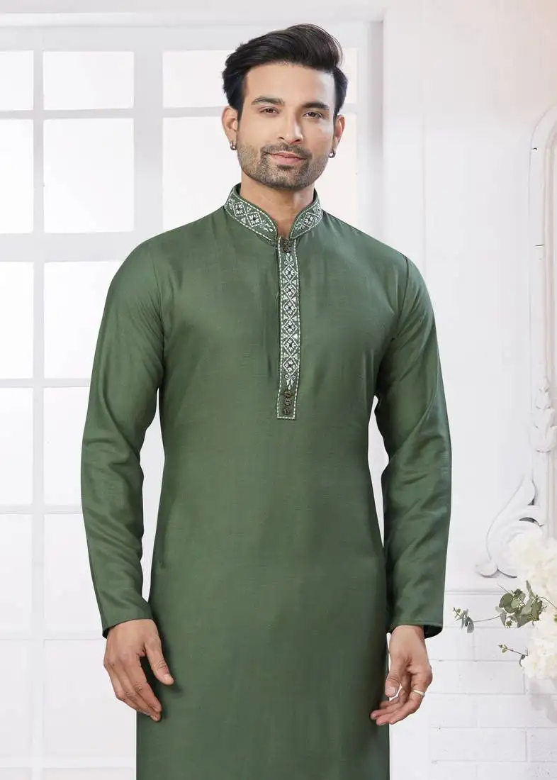 Light green heavy cotton with embroidery work kurta pyjama for mens wear