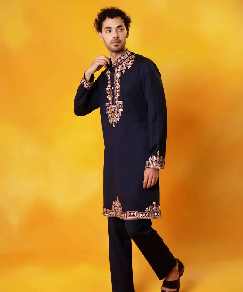 Navy blue cotton embroidered kurta pajama