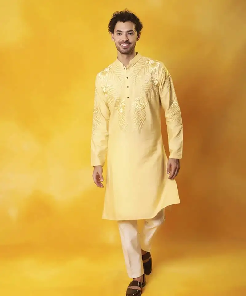Yellow matka silk embroidered kurta pajama