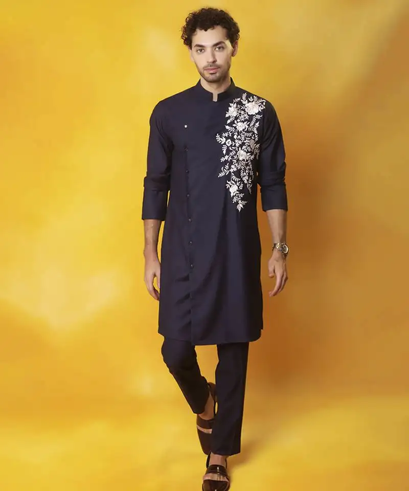Navy blue matka silk embroidered kurta pajama