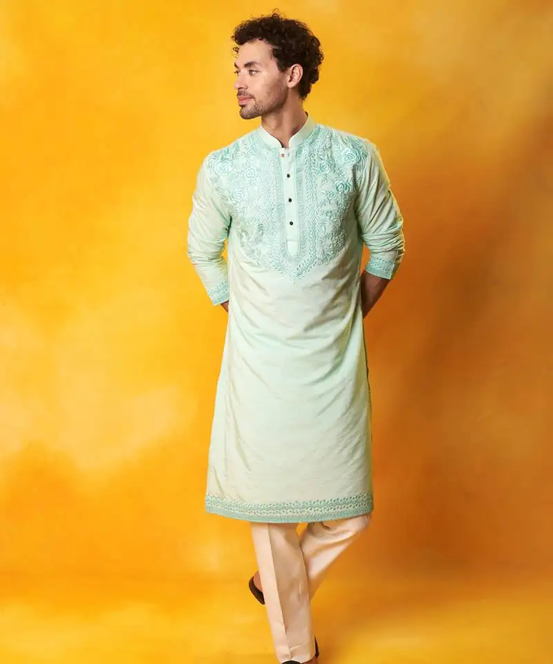 Green matka silk embroidered kurta pajama