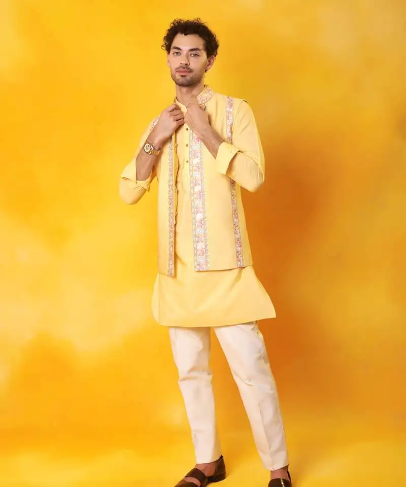 Yellow matka silk plain nehru jacket