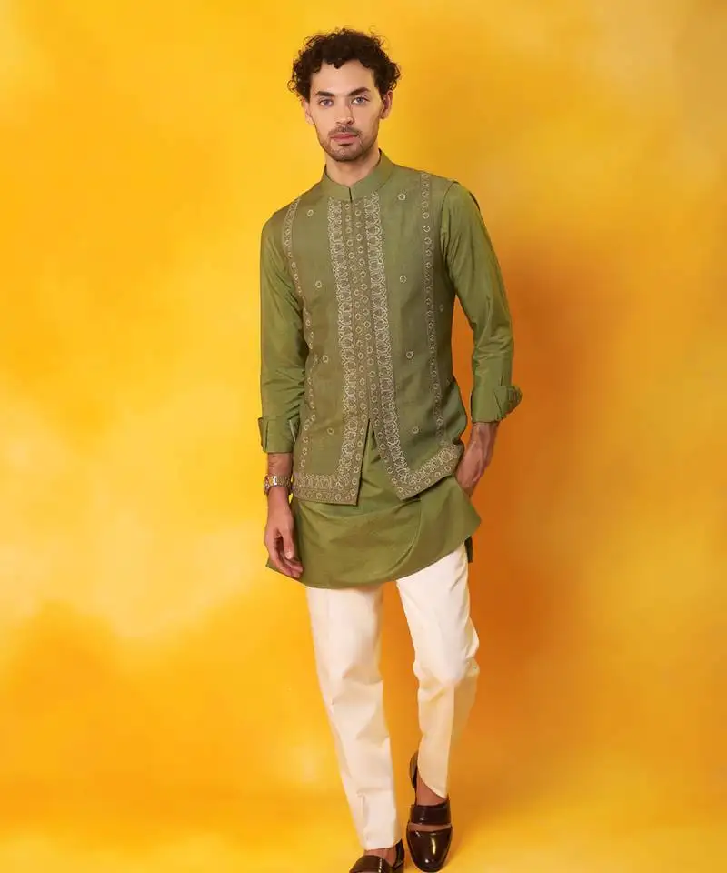 Green matka silk plain nehru jacket