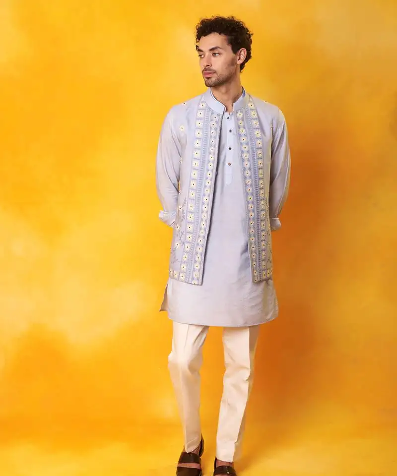 Light blue matka silk plain nehru jacket