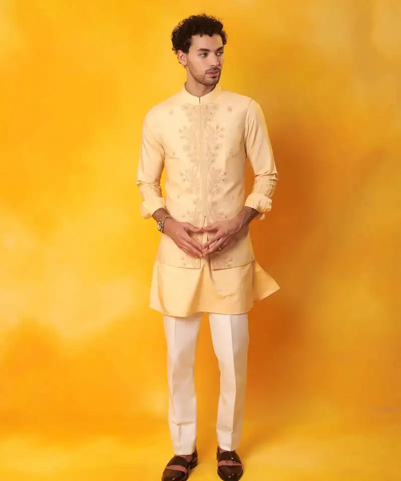 Peach matka silk plain nehru jacket
