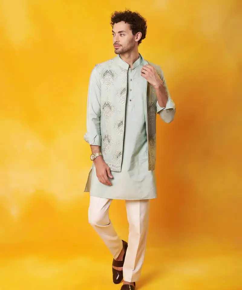 Grey matka silk plain nehru jacket