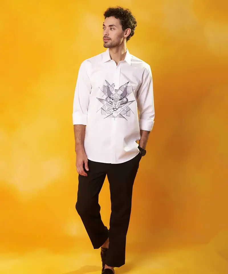 White printed cotton men shirt