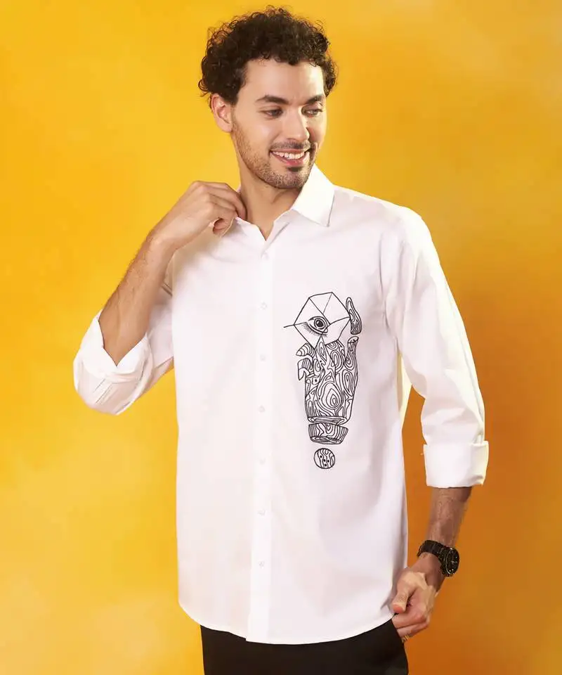 White cotton abstract printed men shirt