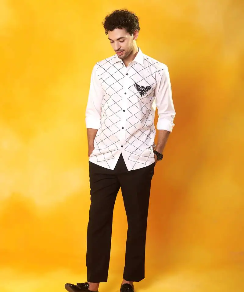 White bird printed cotton men shirt