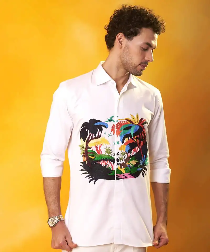 White abstract printed cotton men shirt