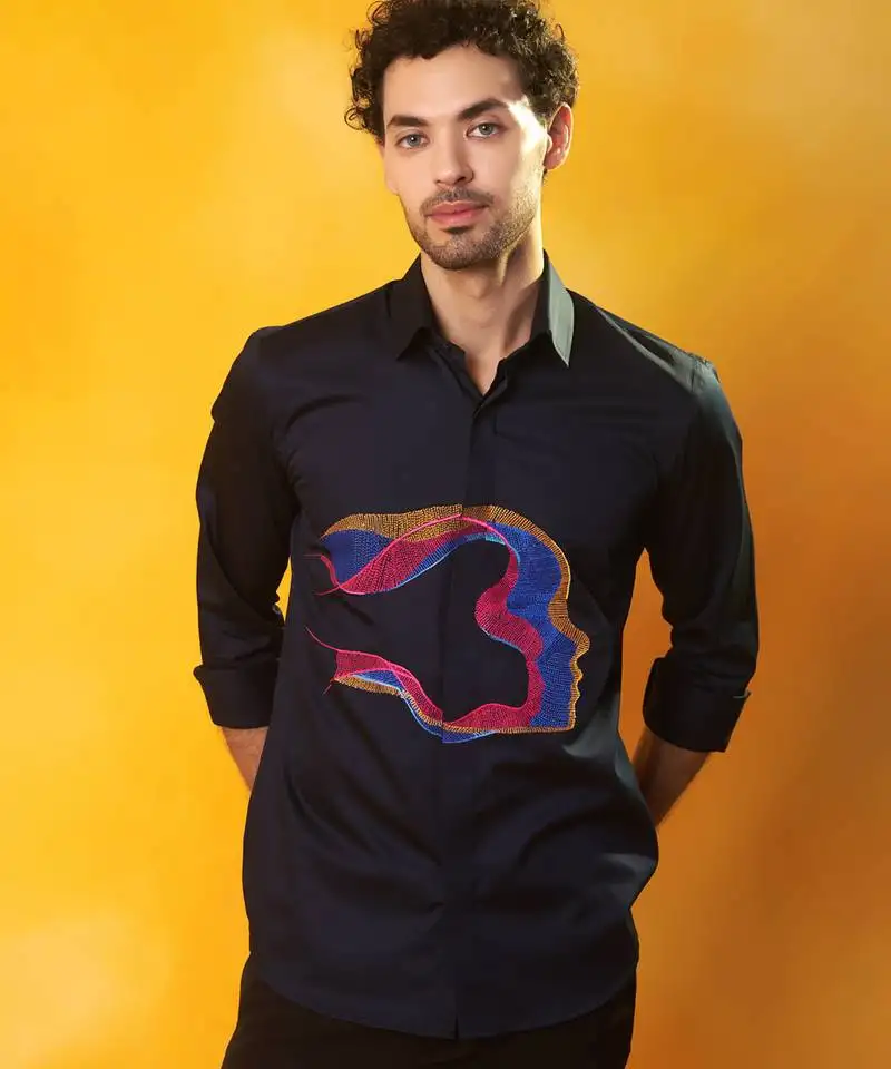 Navy blue cotton printed men shirt