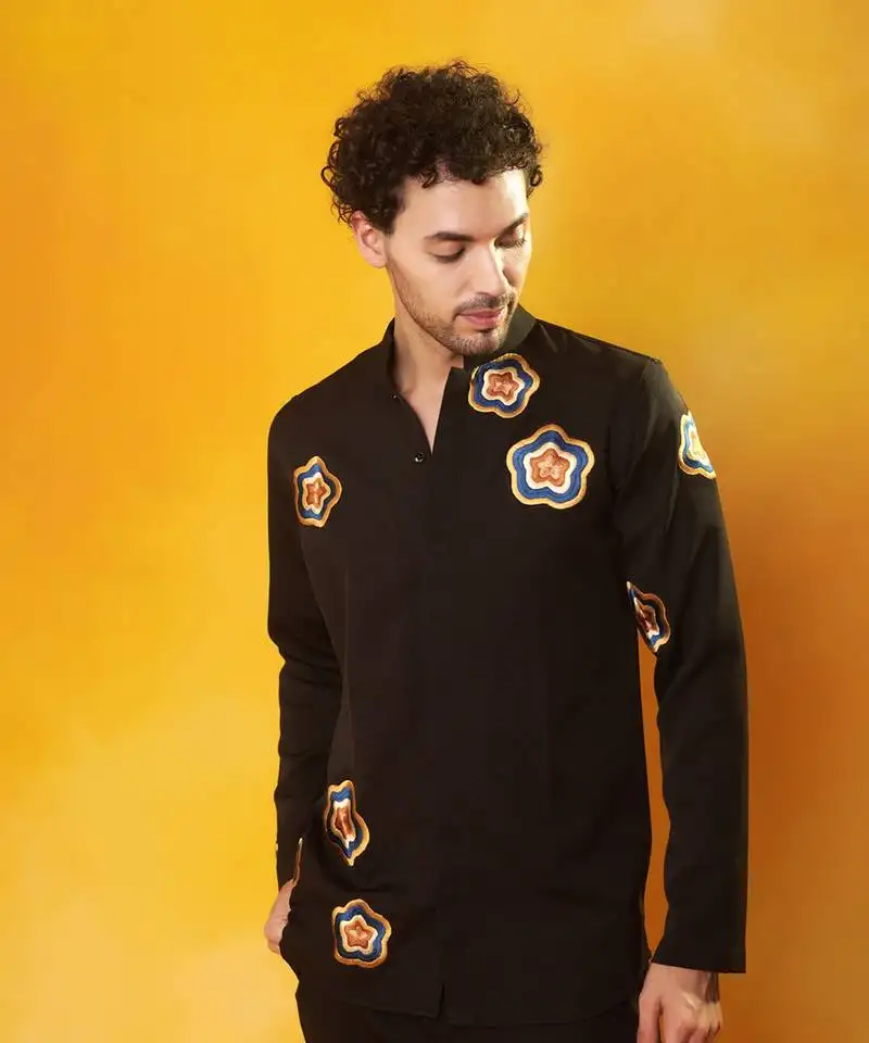 Black crepe printed men shirt & pant