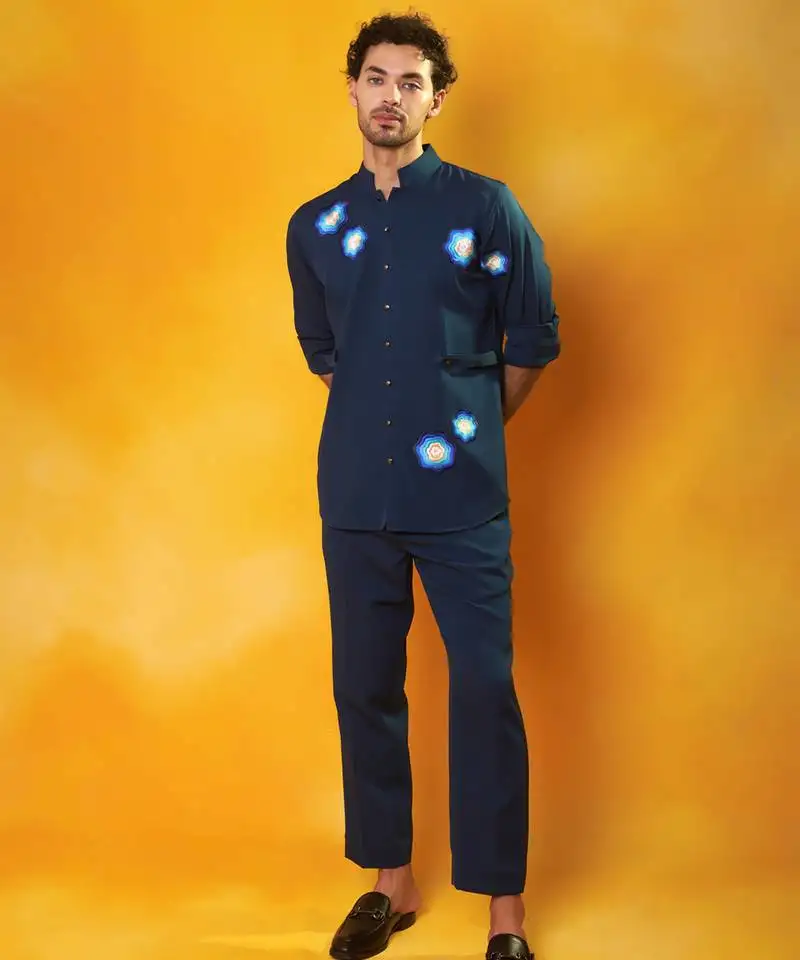 Blue crepe printed men shirt & pant