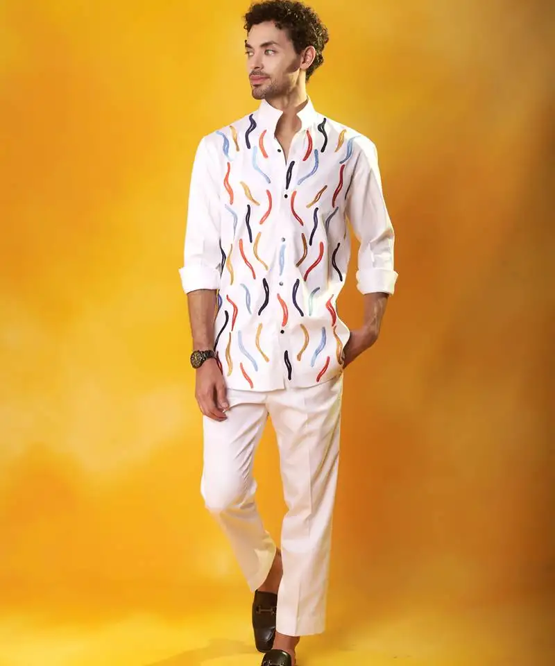 White crepe printed men shirt & pant