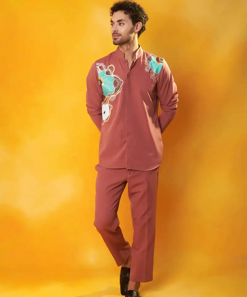 Pink crepe printed men shirt & pant